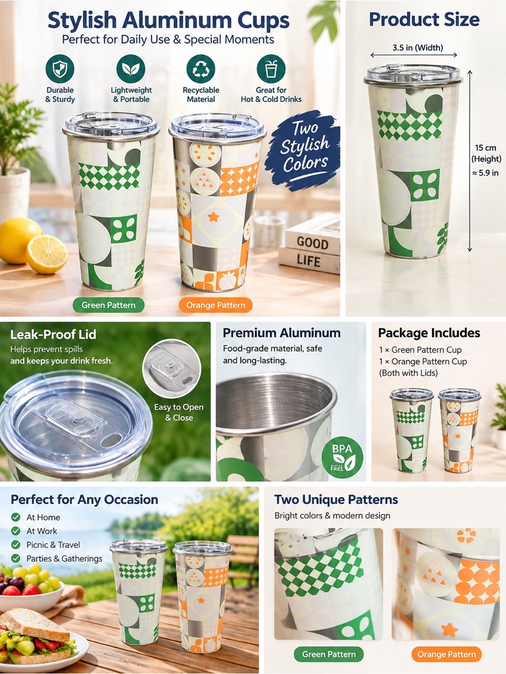2-pack Aluminum Tumbler Set with Leak-Proof Lids — Green & Orange Pattern
